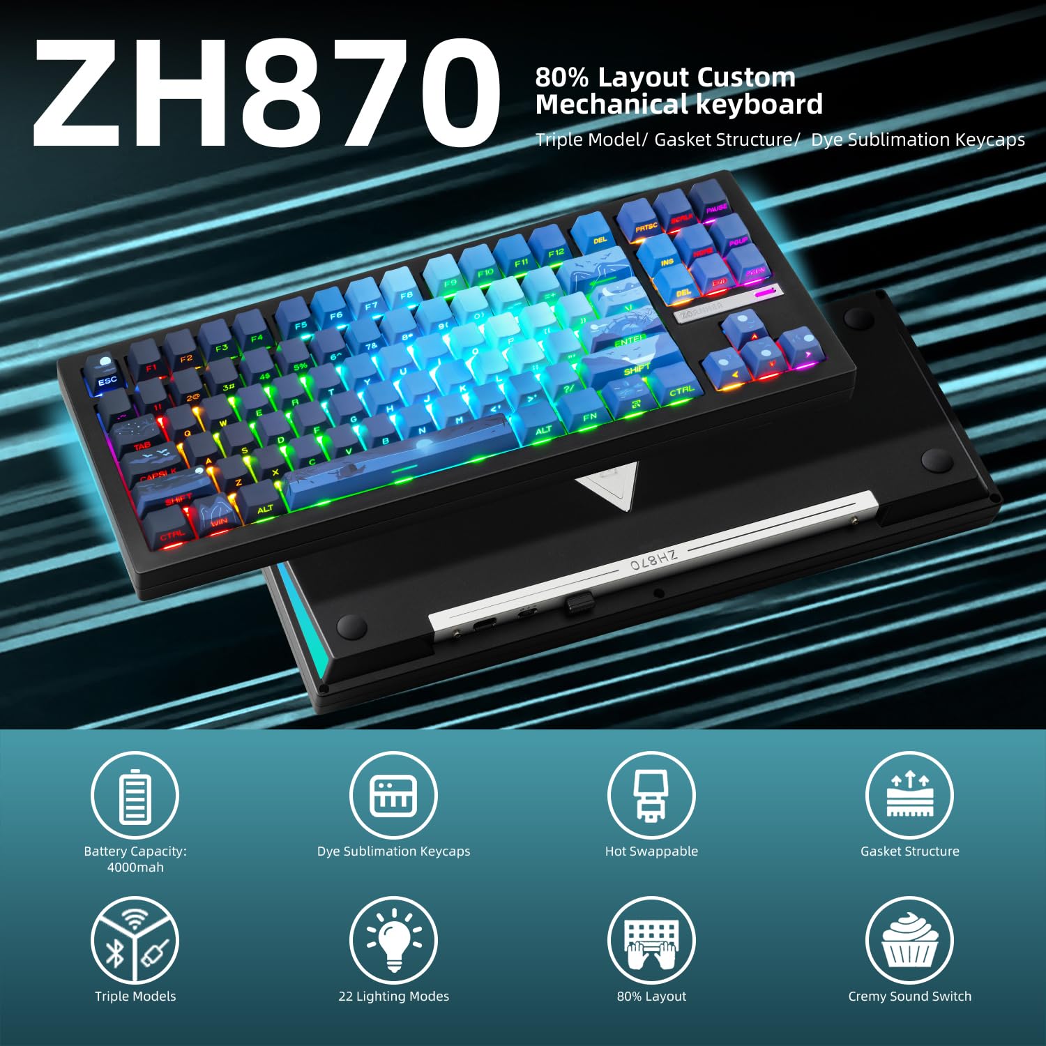 ZORNHER ZH870 80% Sea Moonlight Mechanical Keyboard