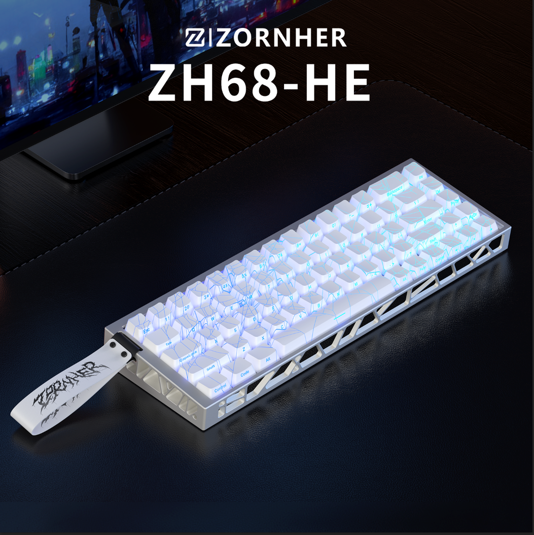 ZH68-HE 홀 효과 65% 기계식 키보드, 화이트 스파이더웹 키캡, 풀 RGB, 경쟁 게임에 적합, RT0.01MM