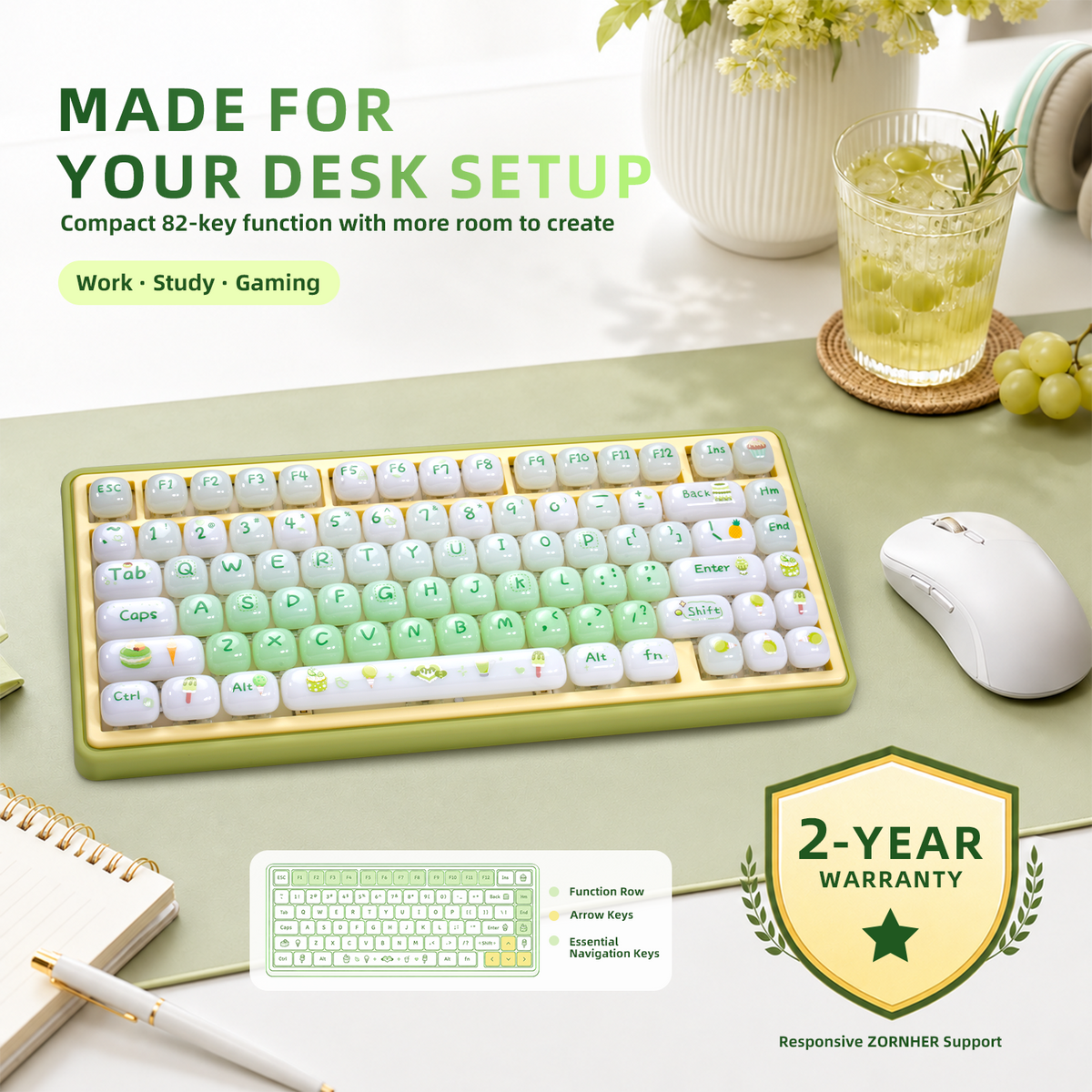 ZORNHER SHINE UR82 Cute 82-Key Mint Green Aesthetic Keyboard