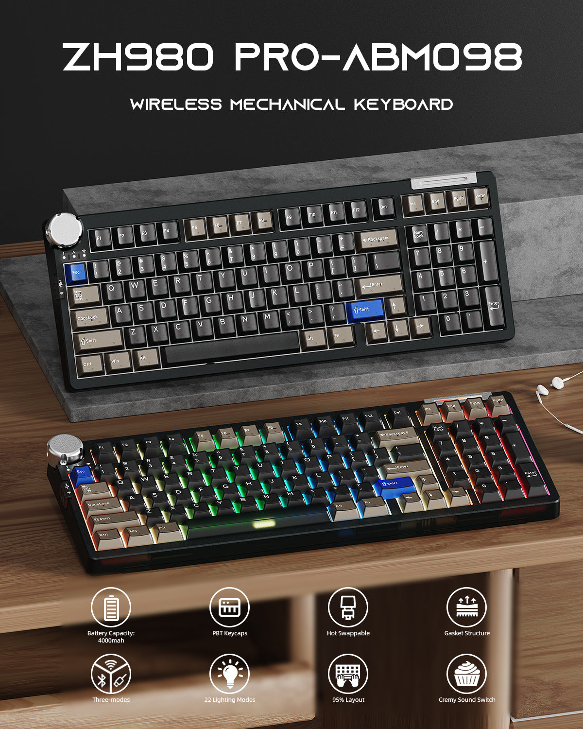ZORNHER × CIDOO ZH980PRO Tri-Mode Mechanical Keyboard, 98-Key, Gasket Mount, Hot-Swap, RGB, PBT Keycaps