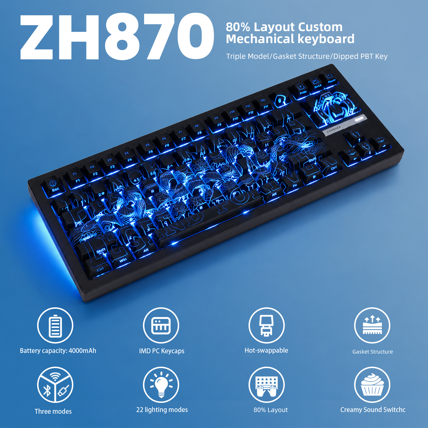 ZORNHER ZH870 Black Mamba Hot Swappable RGB Mechanical Keyboard