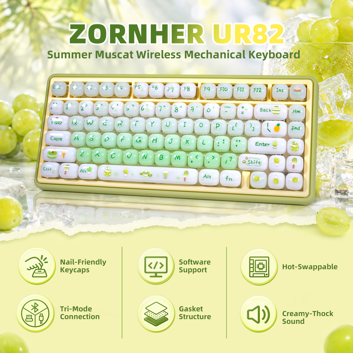 ZORNHER SHINE UR82 Cute 82-Key Mint Green Aesthetic Keyboard